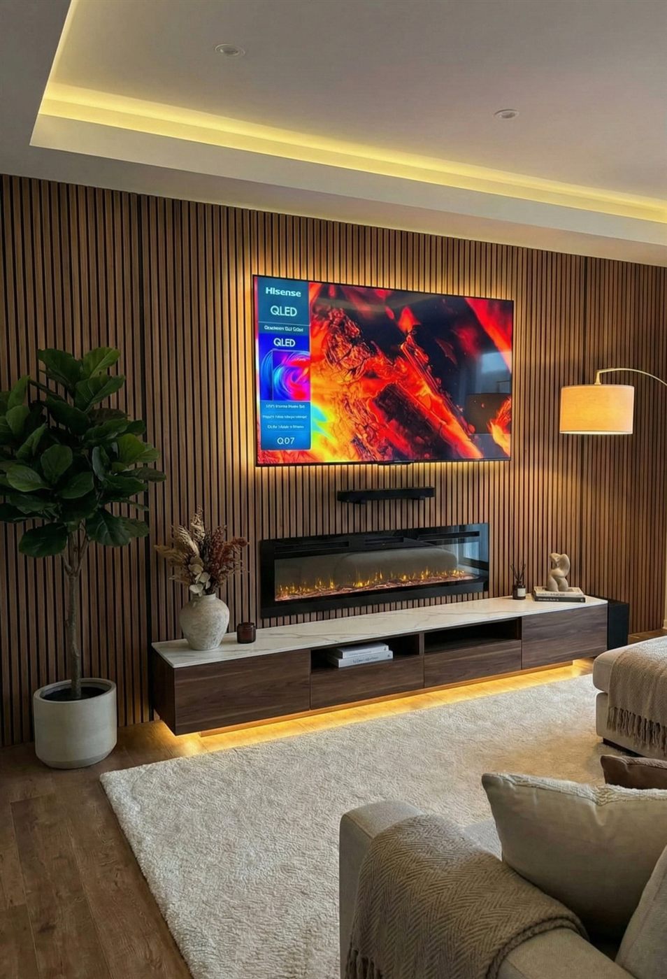 Slat wall with fireplace