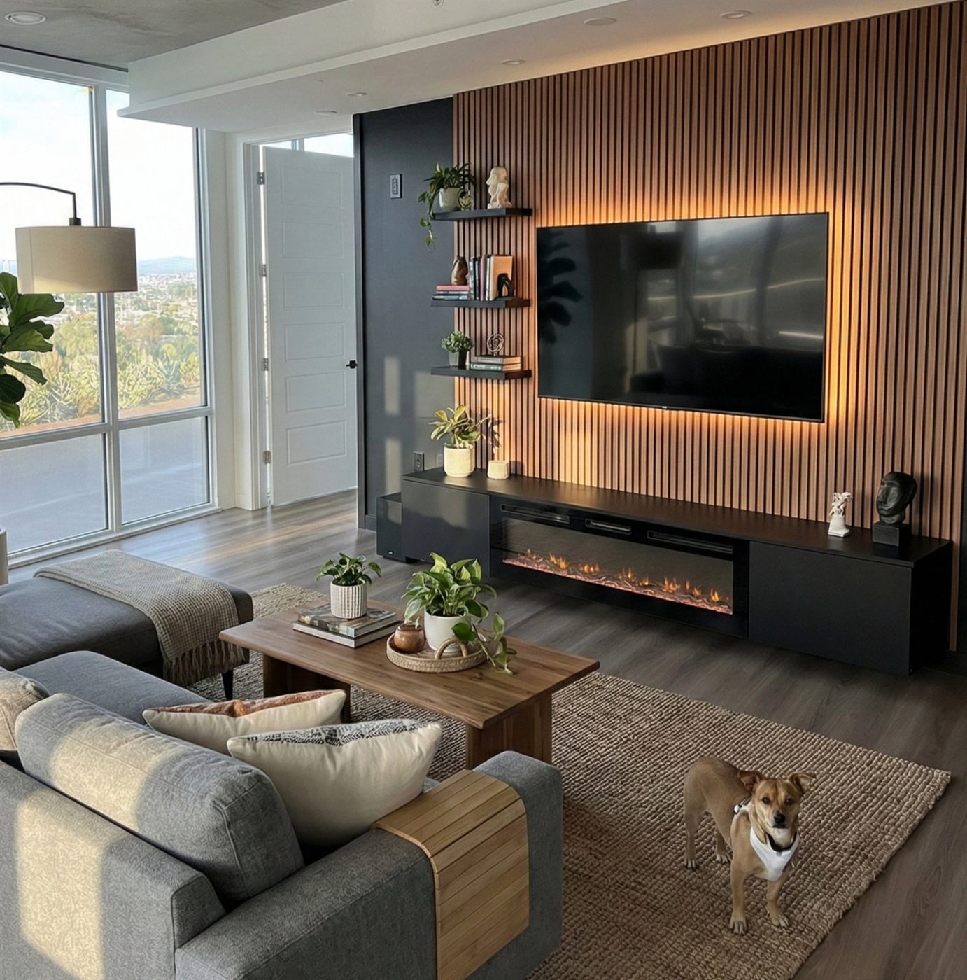 Slat TV wall with floating cabinet