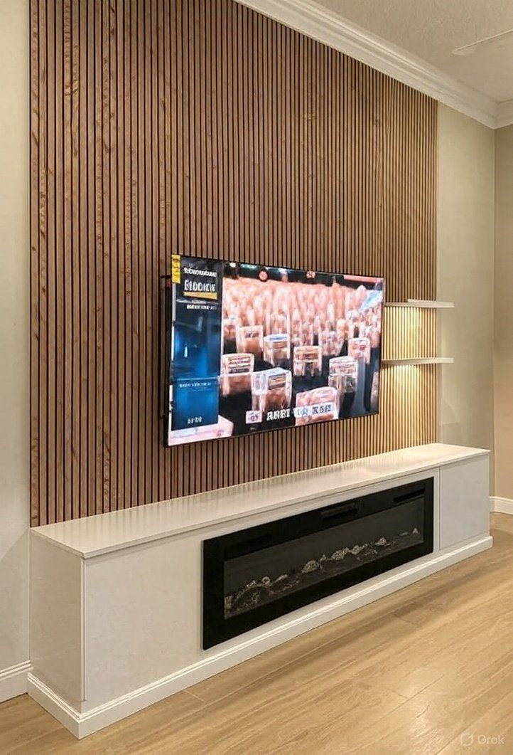 Walnut slat media wall